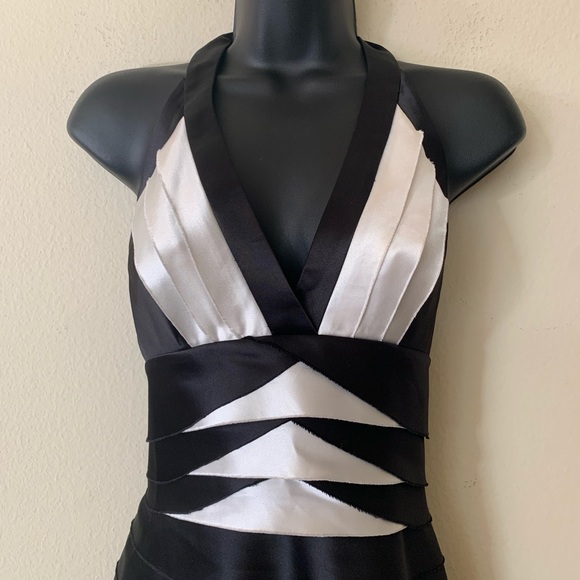 BCBG Max Azria Black and White Satin Halter Bandage Bodycon Dress - Picture 2 of 12